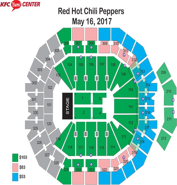 red hot chili peppers kfc yum center yum center concert seating chart